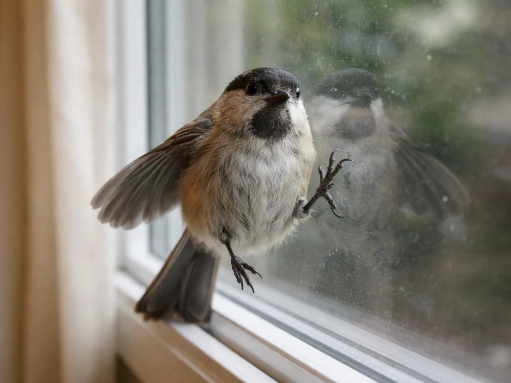 Small bird dazed and clinging to a window after a collision, with soft natural light.