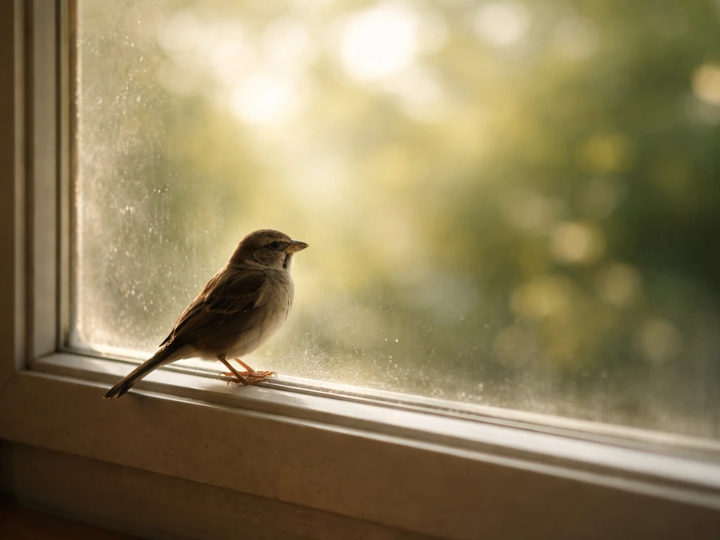 Small songbird perched on a window glass pane, soft sunlight and blurred interior reflections behind it.