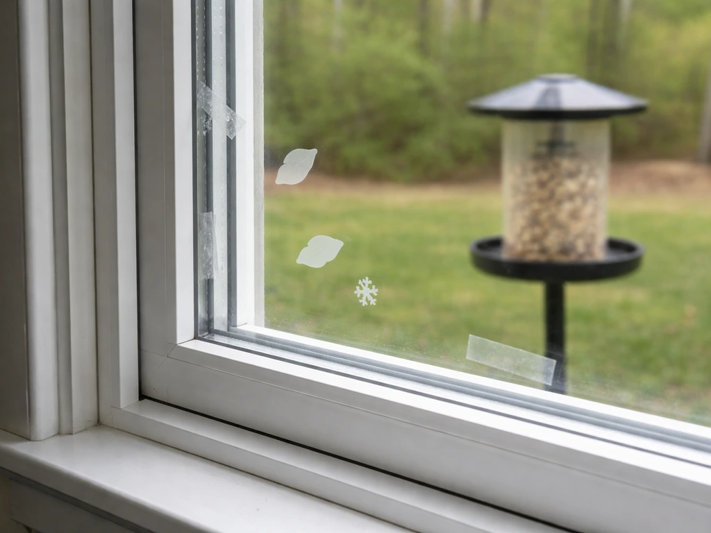Close-up of bird-safe decals and tape placed outside a window with a nearby feeder in view.