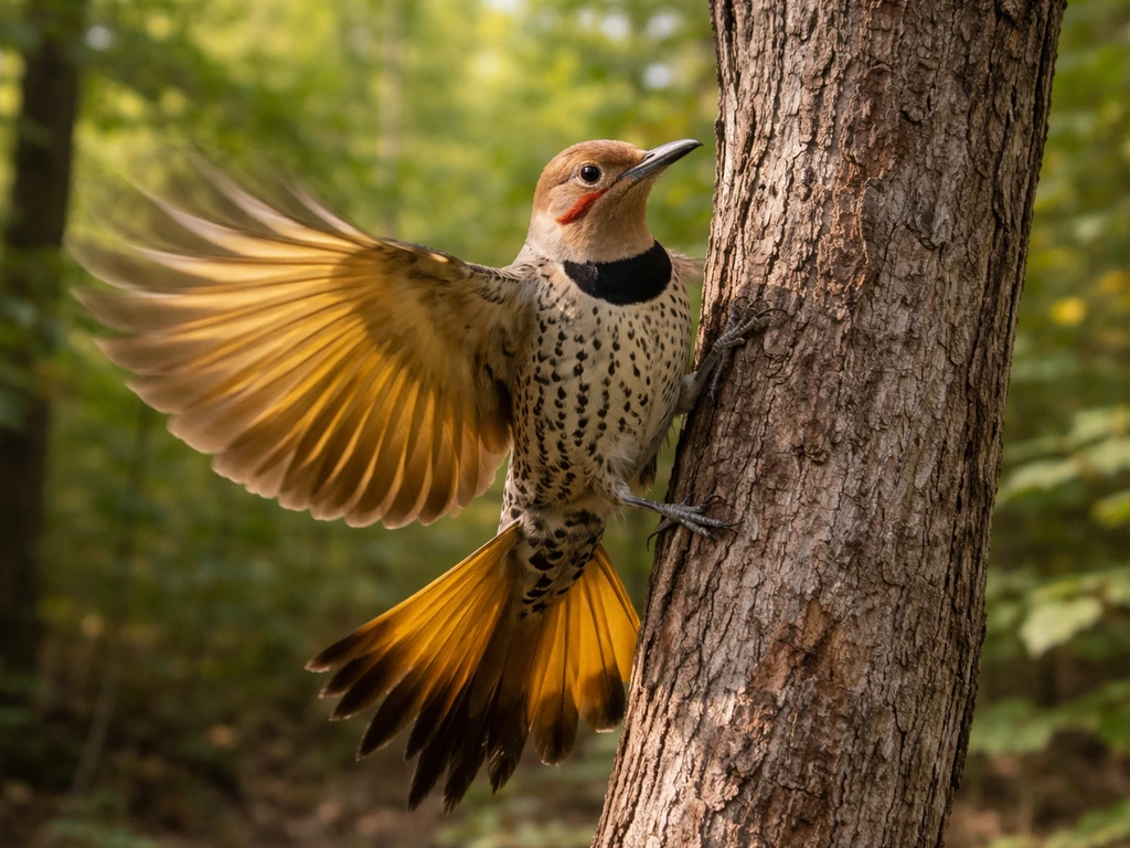 Northern Flicker bird captured mid-flash on a tree trunk with vivid wing motion in dappled sunlight.