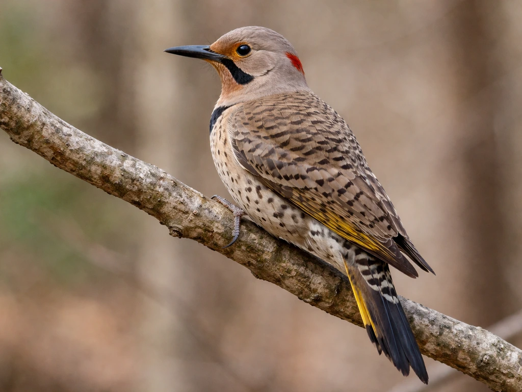 Close-up of a Northern Flicker woodpecker perched on a branch, showing mottled pattern and field marks.