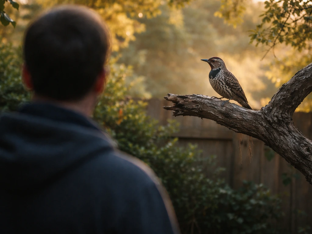 A Northern Flicker perched on a backyard branch as a person watches thoughtfully in soft natural light.