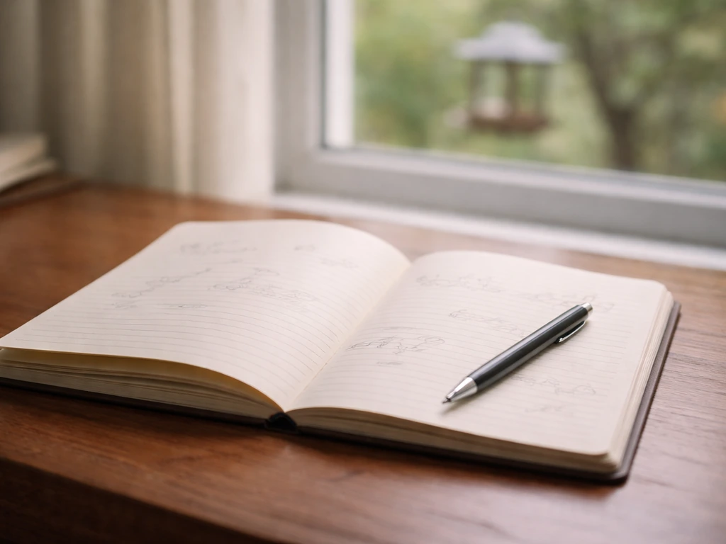 Notebook open with handwritten-style lines beside a window, with a softly blurred bird feeder outside.