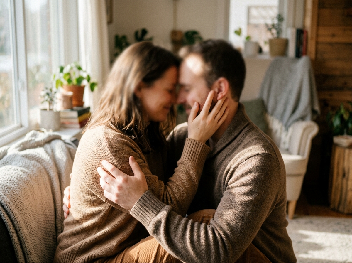 Woman and partner close together, affectionate tone suggested with a pet-name moment