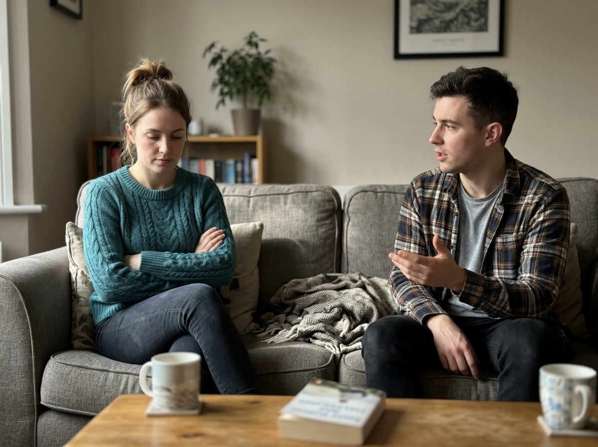 Conversation moment showing tone uncertainty with neutral facial expression and distance