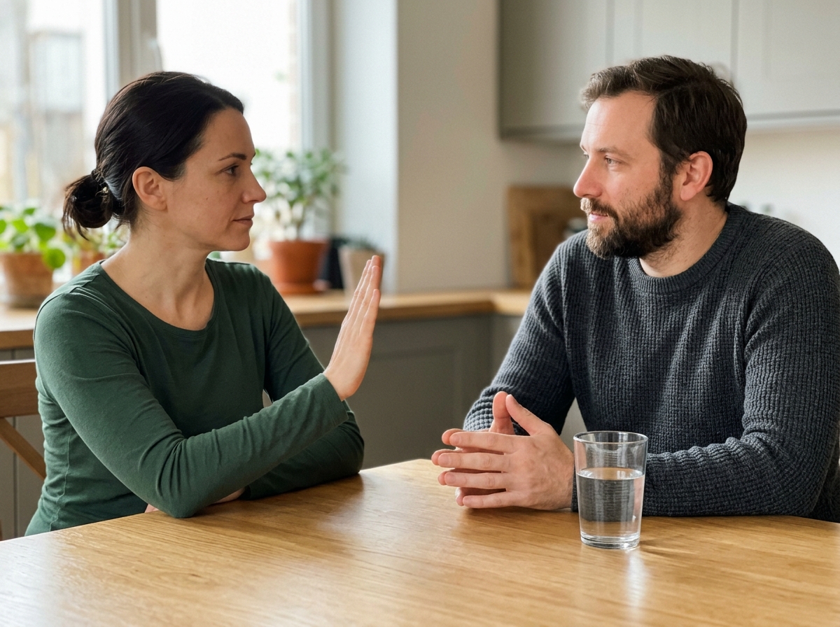 Boundary and consent vibe: partner respectfully holds up a hand and another listens