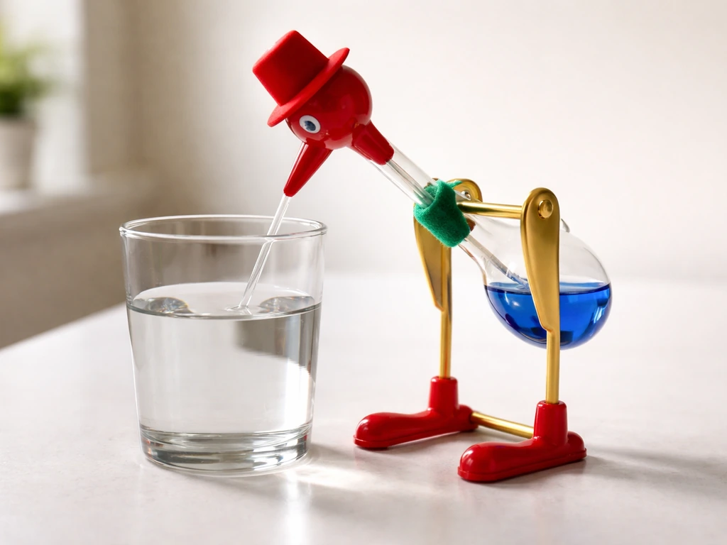 Drinking bird toy on its pivot stand beside a glass of water, with the tip dipped correctly.