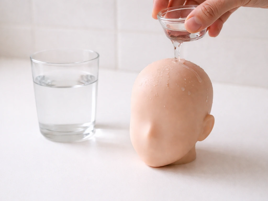 A small glass of room-temp water held at the right height while a toy head is wetted