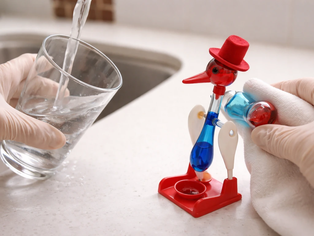 Gloved hands rinse an empty water glass and wipe the drinking bird’s bulbs clean on a kitchen counter.