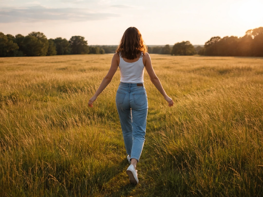 Person walking freely in an open field, arms out, bright sky suggesting no worries or restrictions.