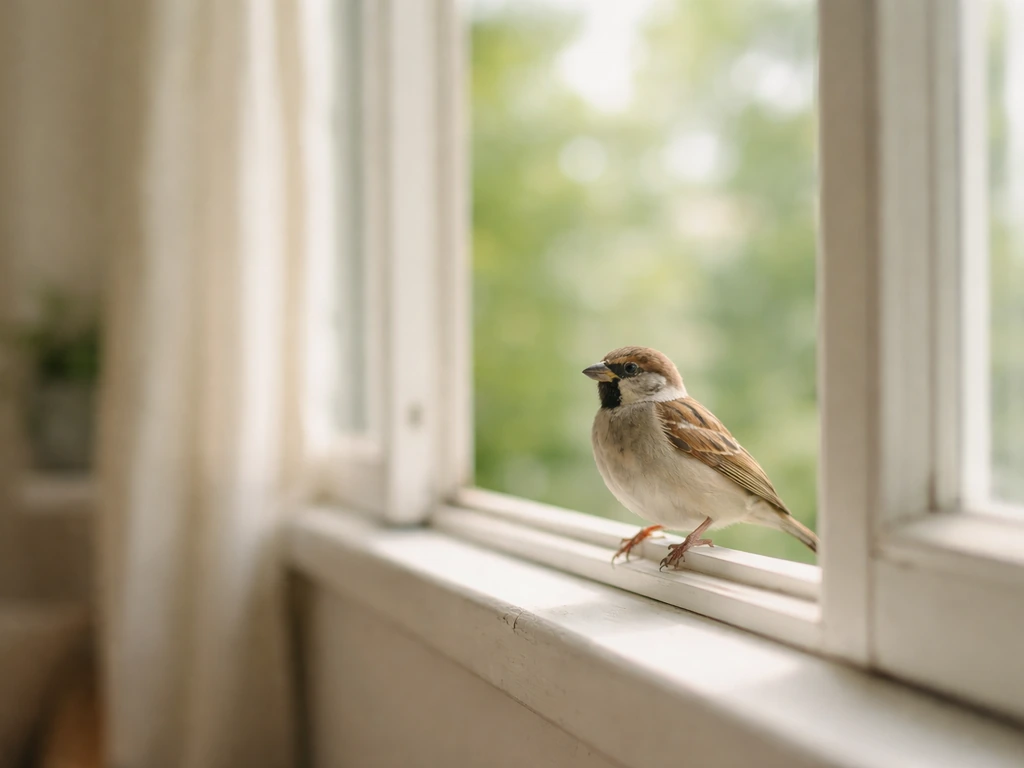 Minimal photo of a small bird perched by an open window, suggesting freedom and calm.