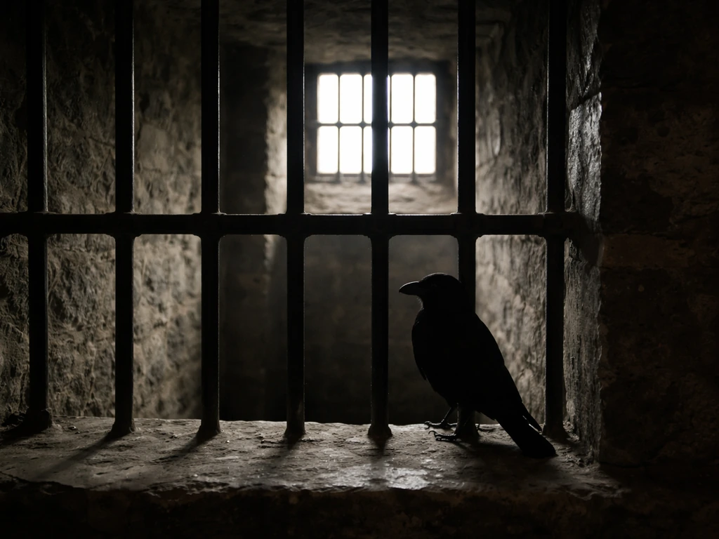 Silhouetted bird perched behind vintage iron jail bars in a dim stone cell.