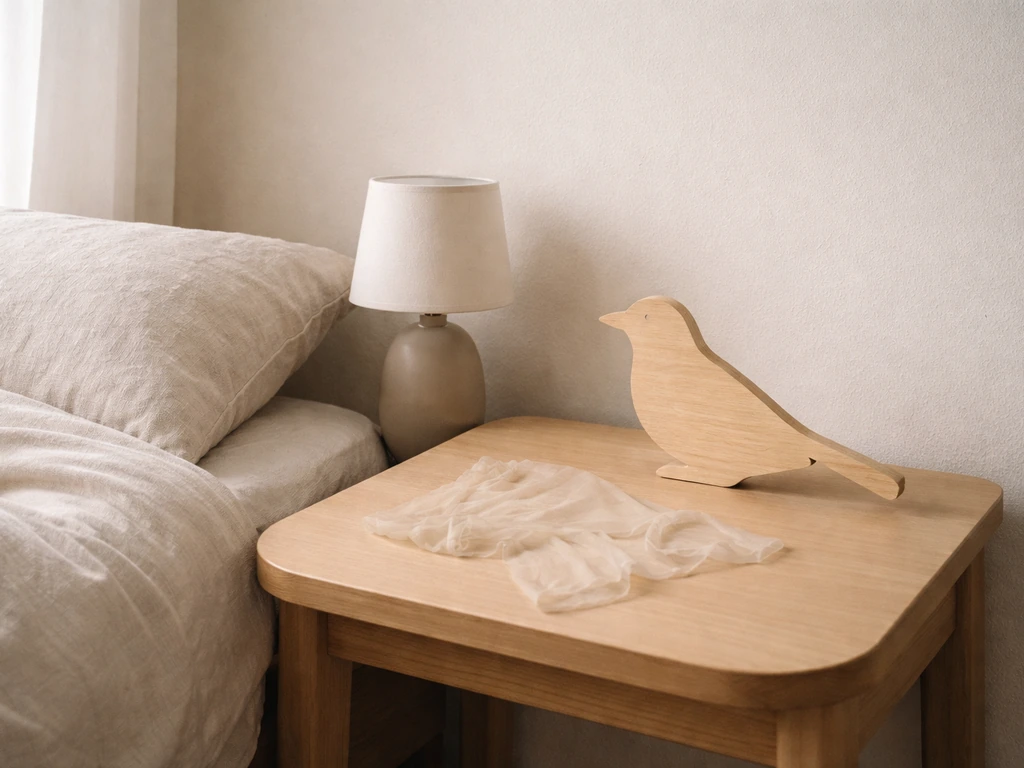 Minimal bedroom scene with a stylized jaybird silhouette and a symbolic absence-of-clothing shadow