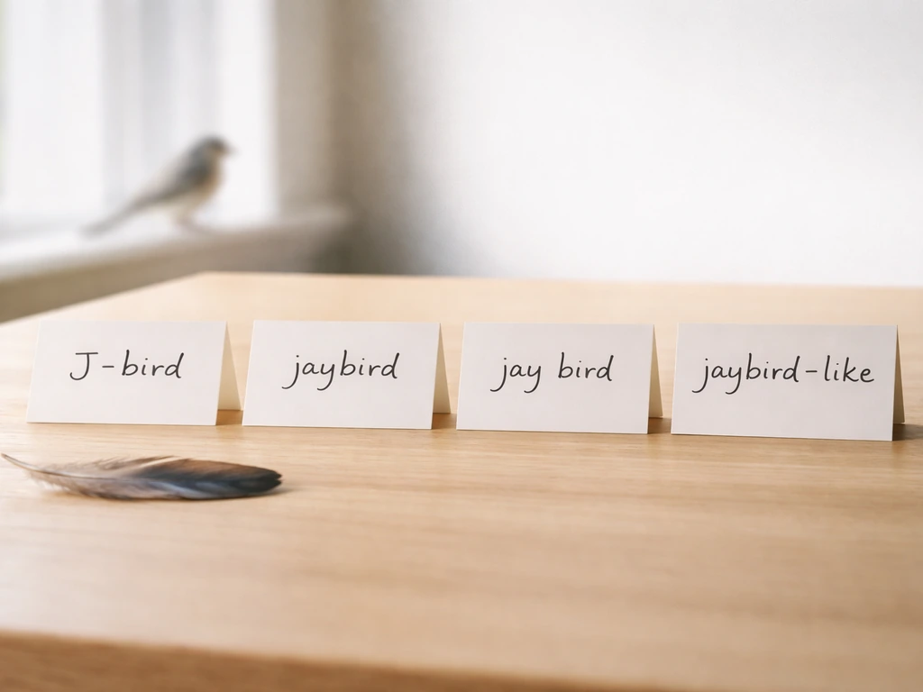 Minimal desk setup with three small bird-related name cards labeled J-bird, jaybird, and jay bird.
