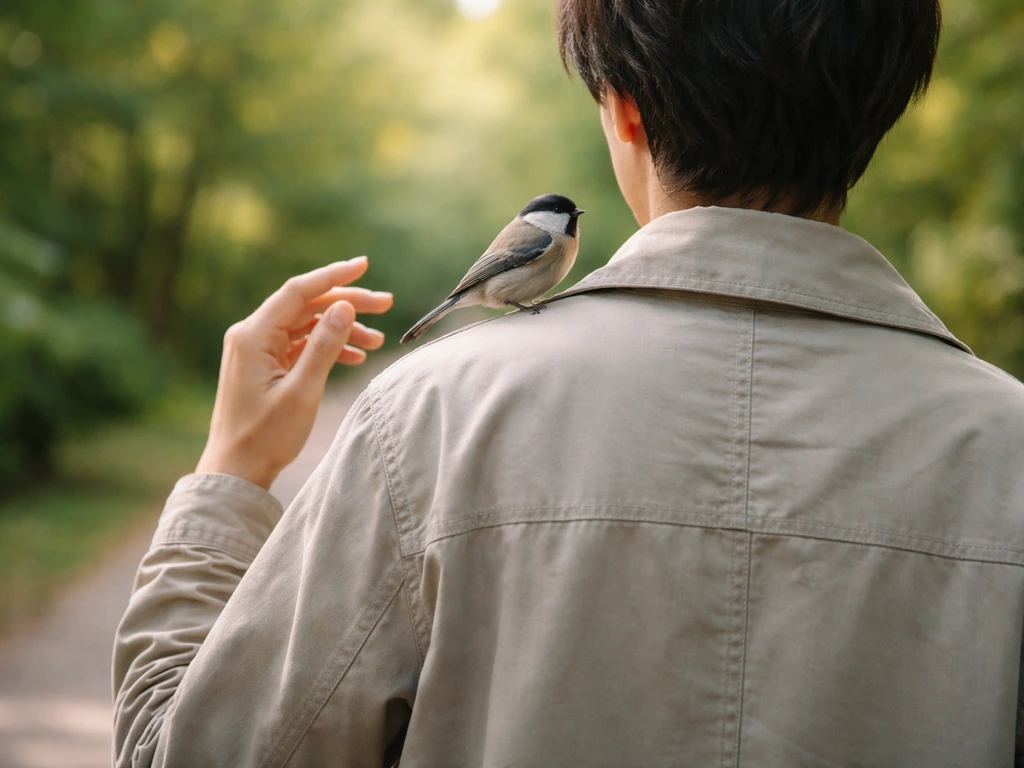 A person in casual clothes gently notices a small bird perched on their shoulder outdoors.