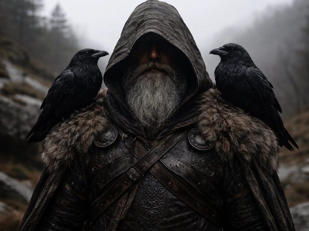 Norse-inspired warrior with two ravens perched on his shoulders in a misty Nordic landscape.