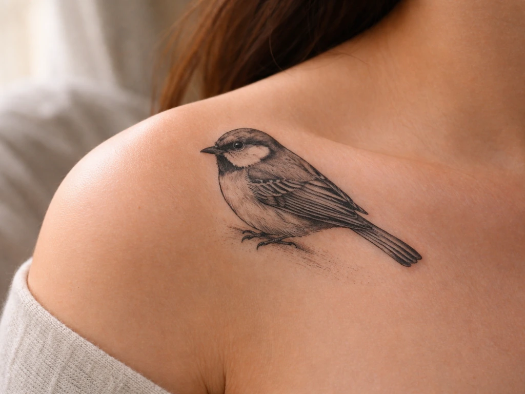 Close-up of a detailed bird-on-shoulder tattoo with visible feather and wing linework.