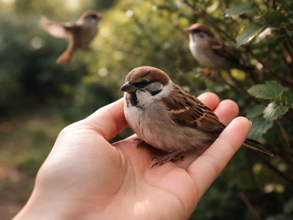 Close-up of a hand holding a live bird, with two distant birds in blurred bushes