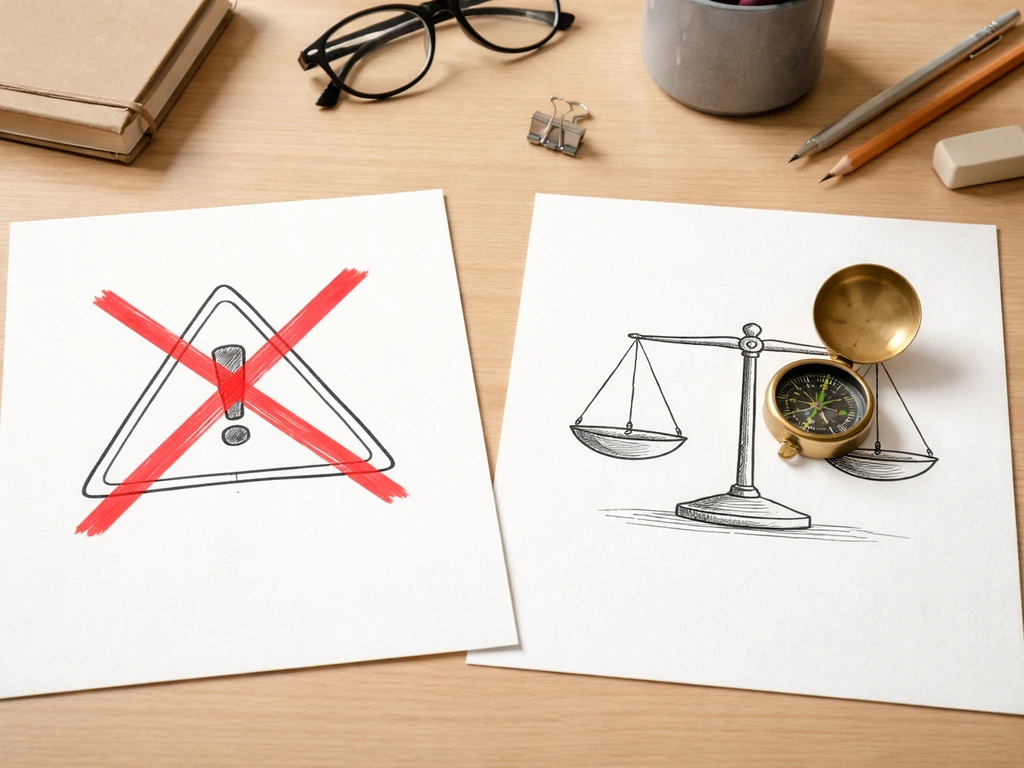 Minimal desk scene contrasting a crossed-out “never take chances” note and a compass showing careful choice.