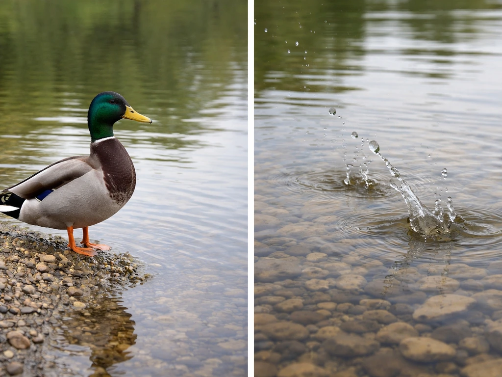 Split-panel image: a drake on a pond vs water-skimming splashes implying the slang phrase.
