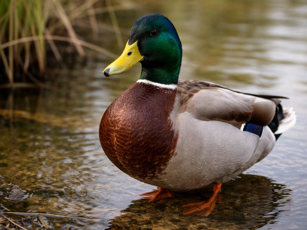 Close-up of a male mallard drake showing glossy green head, yellow bill, reddish chest, and gray body.