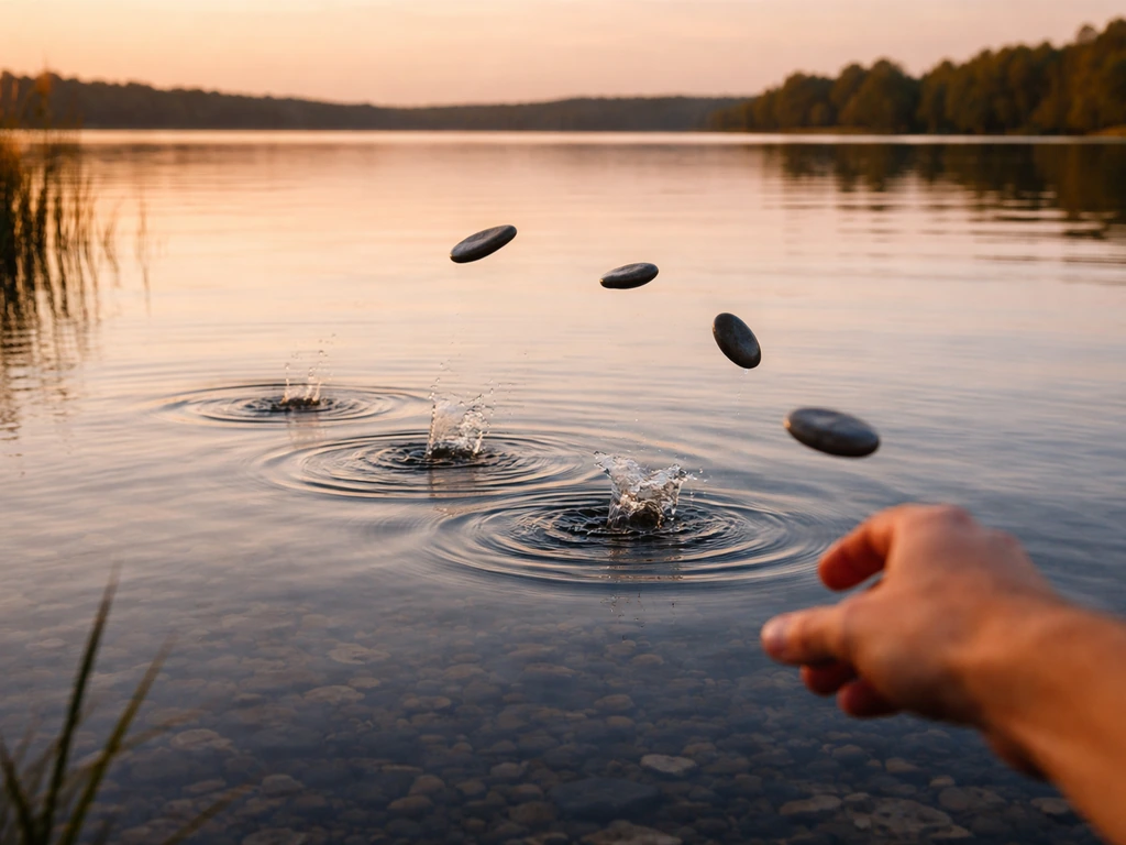Hand skimming a flat stone across calm water, creating gentle ripples like “ducks and drakes”.