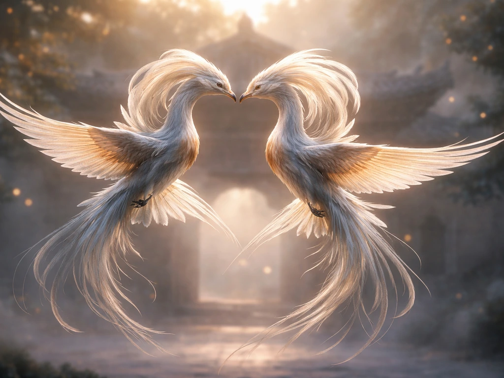 Two paired mythological birds in synchronized flight above a temple courtyard at dawn, symbolizing devotion.