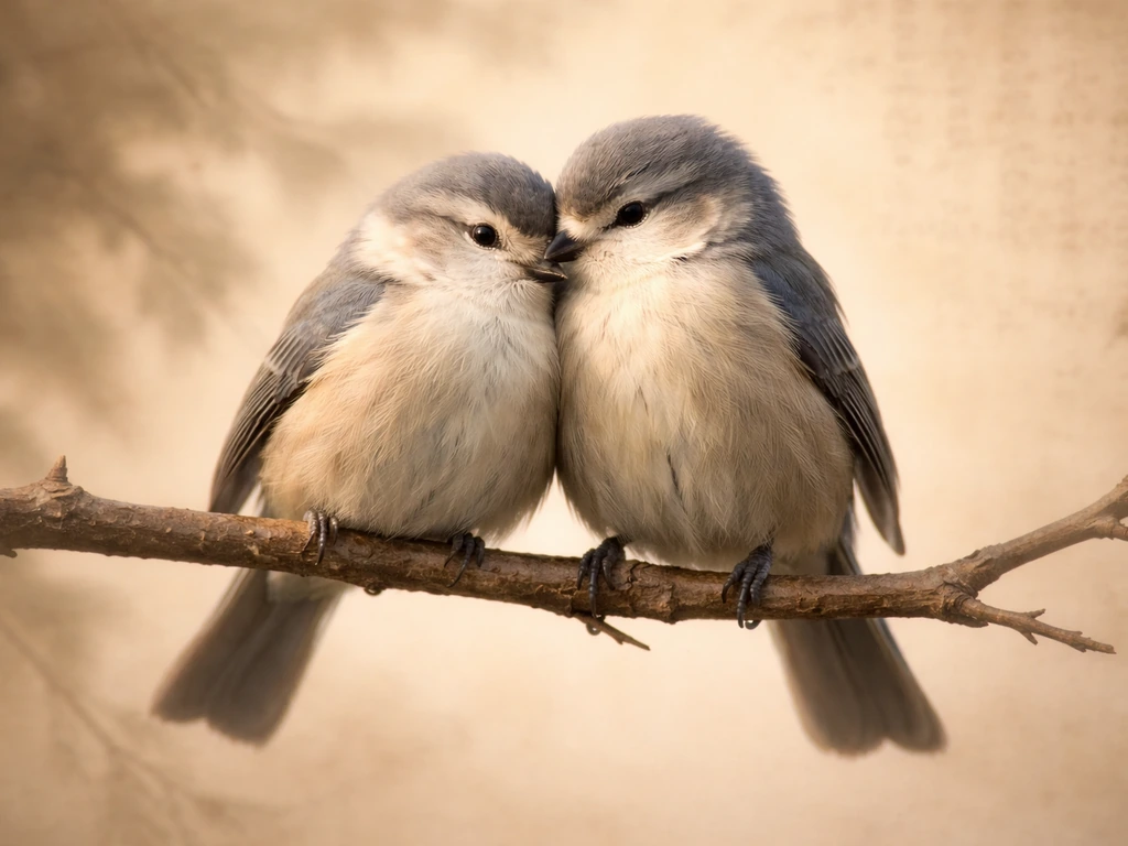 Two paired birds perched close together, symbolic of inseparable love, with a classical scroll-like backdrop.