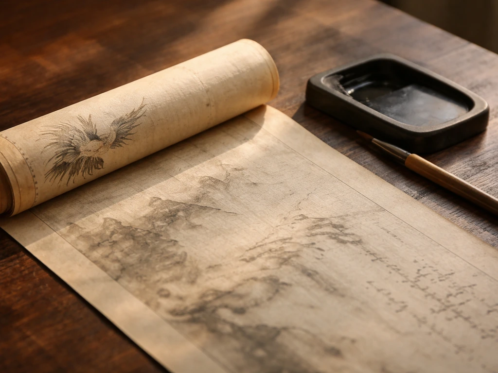 A partially unrolled aged Chinese manuscript scroll with subtle mythical bird motif on a wooden desk.