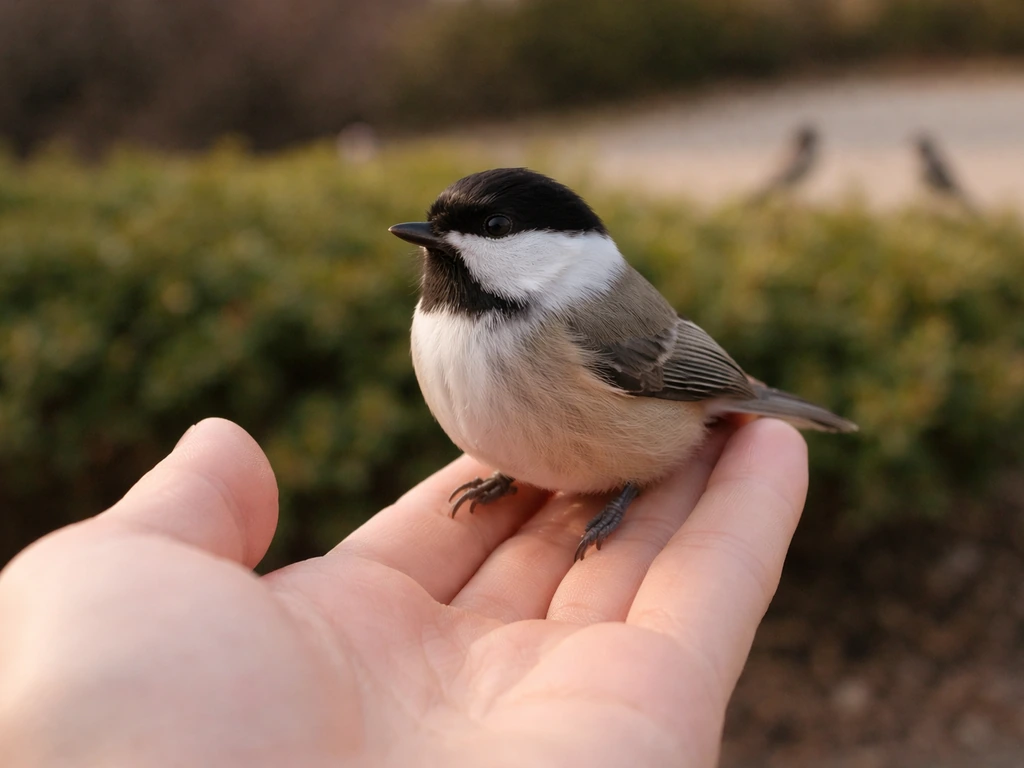 A small bird perched on an open hand, with distant birds among bushes suggesting “two in the bush.”