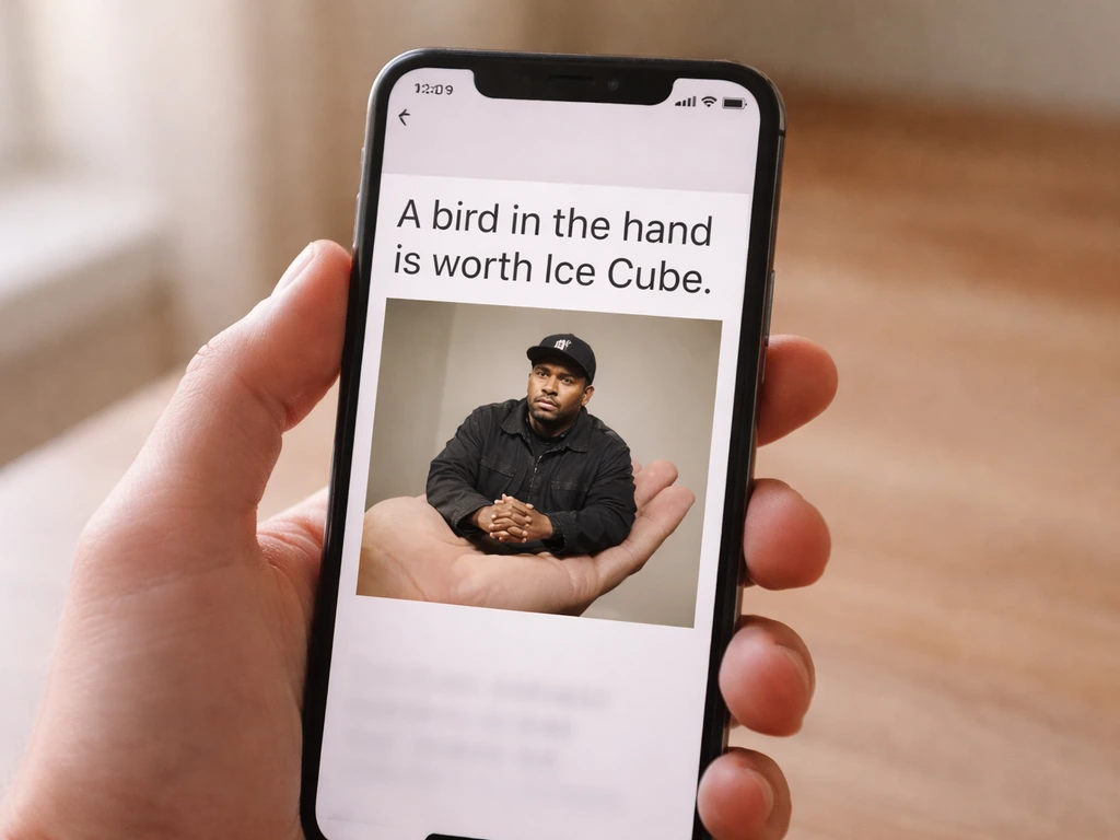 A phone-like screenshot showing a humorous meme-style caption about “a bird in the hand” and “ice cube.”