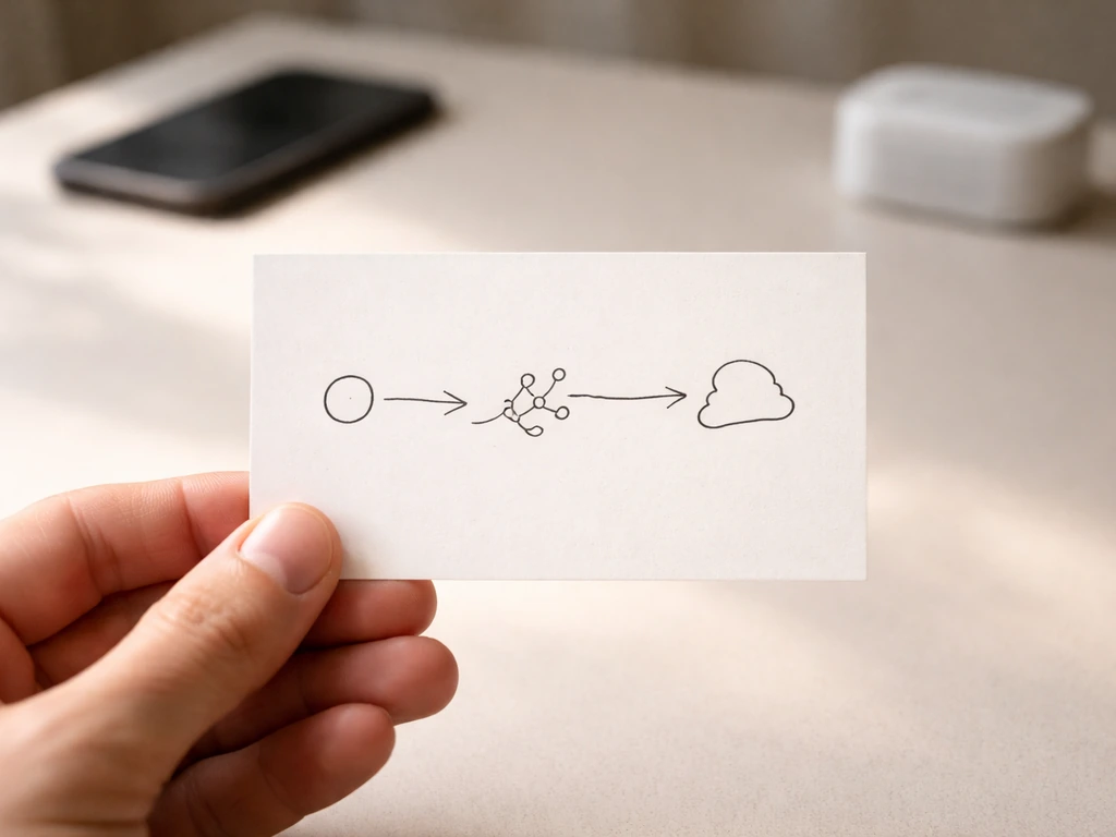 Minimal photo of a handheld note card with branching decision cues in the background, no text visible.
