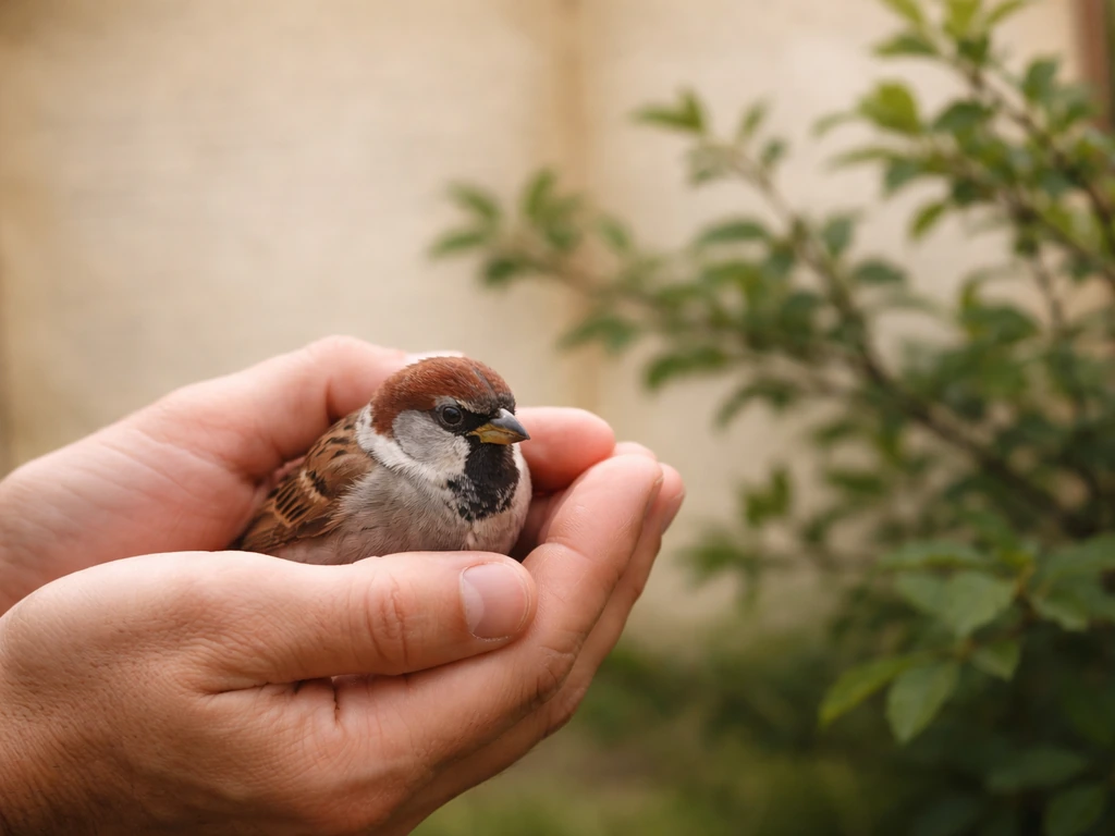 Hands holding a small bird with a simple bush in the background, symbolizing worth and certainty.
