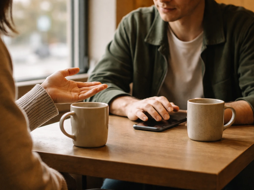 Two people in a quiet cafe conversation, one gestures thoughtfully while the other considers a choice