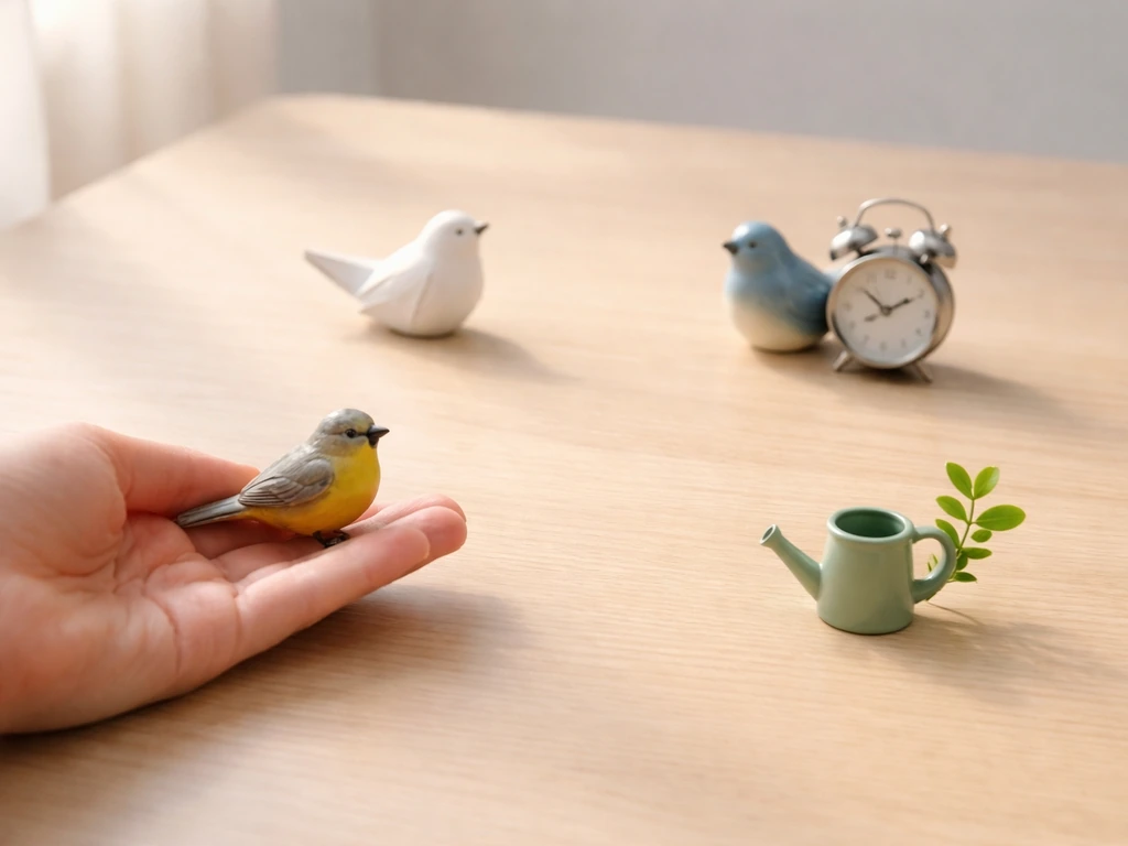A small hand holding a bird figurine on a light wood table with other bird-themed objects in a simple grid.