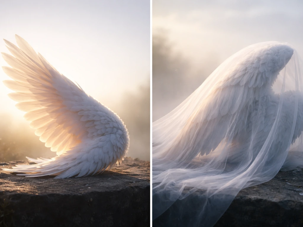 Two separate feathered wings on a dark stone surface with light, mist, and uplifting atmosphere.