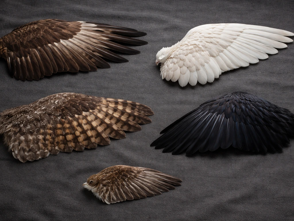 Assorted bird wings—eagle, dove, owl, raven—laid on dark fabric to suggest different symbolic meanings.