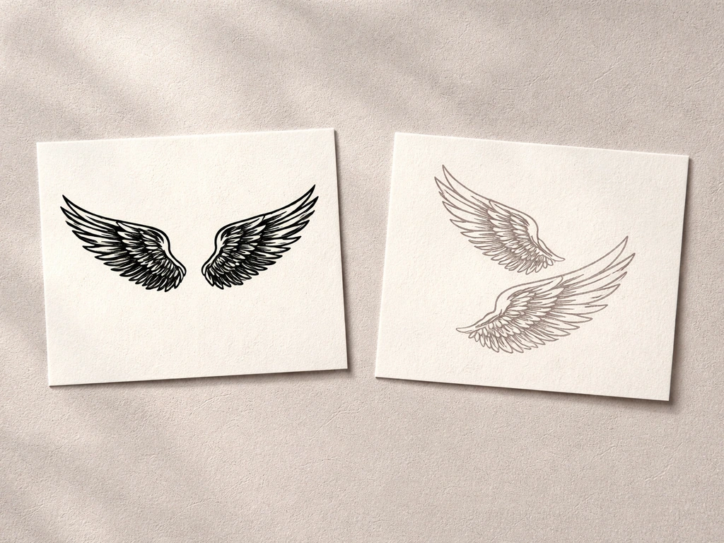 Tattoo-style wing motifs showing side-by-side and stacked placements with different line and color styles