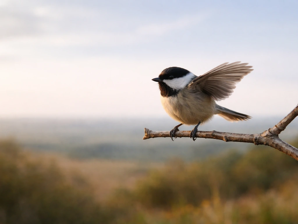 Bird perched on a branch with an open horizon, wings poised as if choosing its own path.