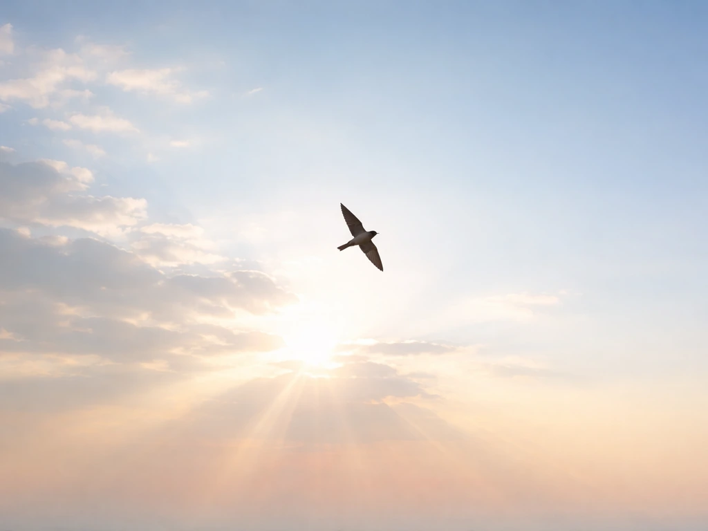 A small bird glides toward a bright horizon with sun rays, symbolizing hope and possibility.