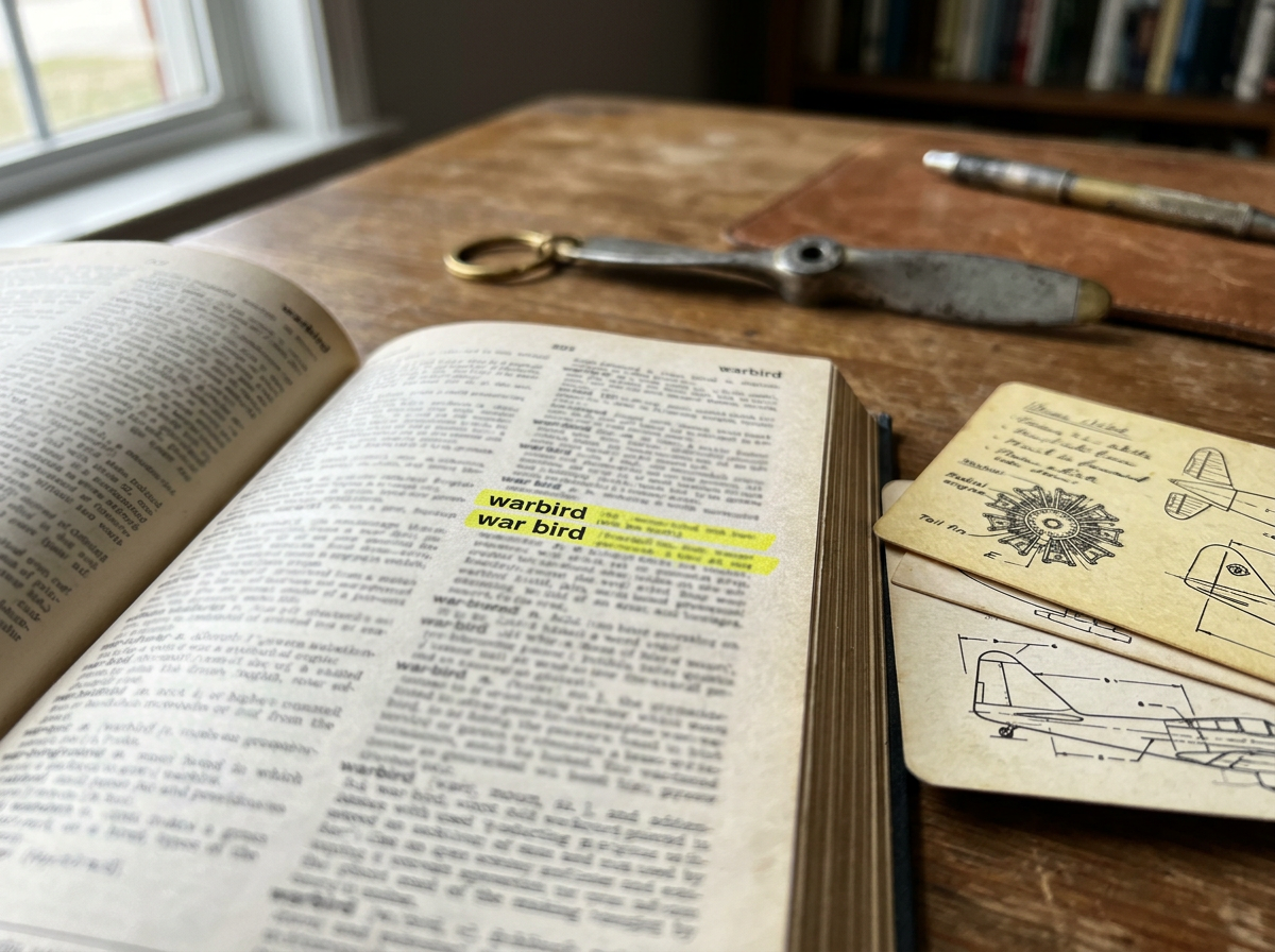 Dictionary pages showing the difference between “warbird” and “war bird” terms