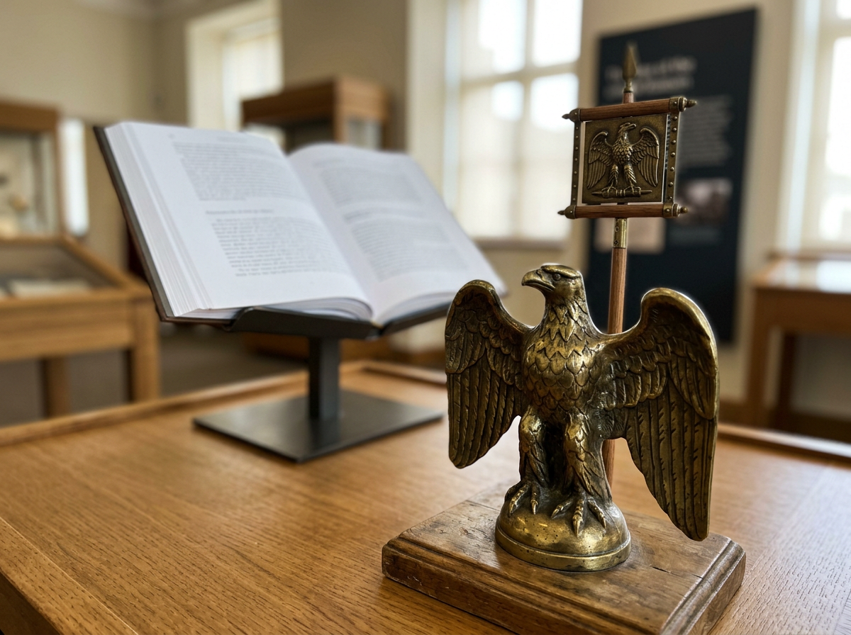 Brass eagle emblem and replica standard representing birds in warfare history
