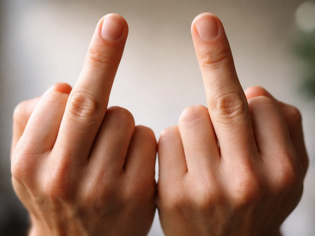 Two middle fingers raised simultaneously in a tight close-up with a neutral background.