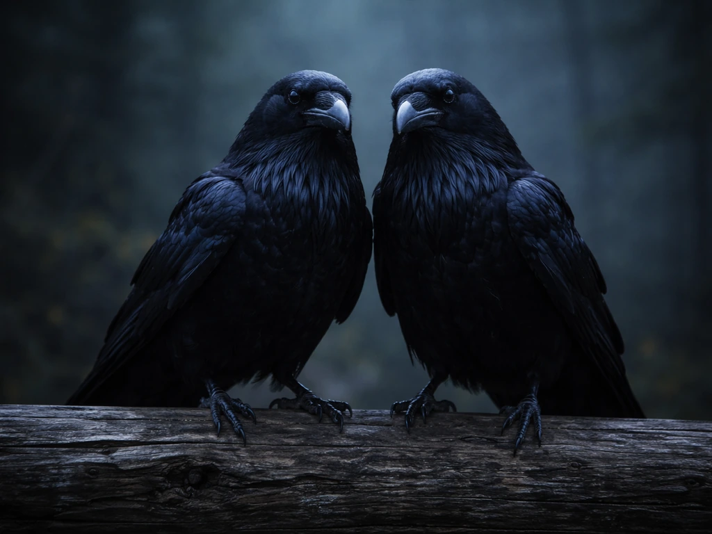 Two ravens perched together on a wooden beam, posed with mirrored symmetry in misty low light.