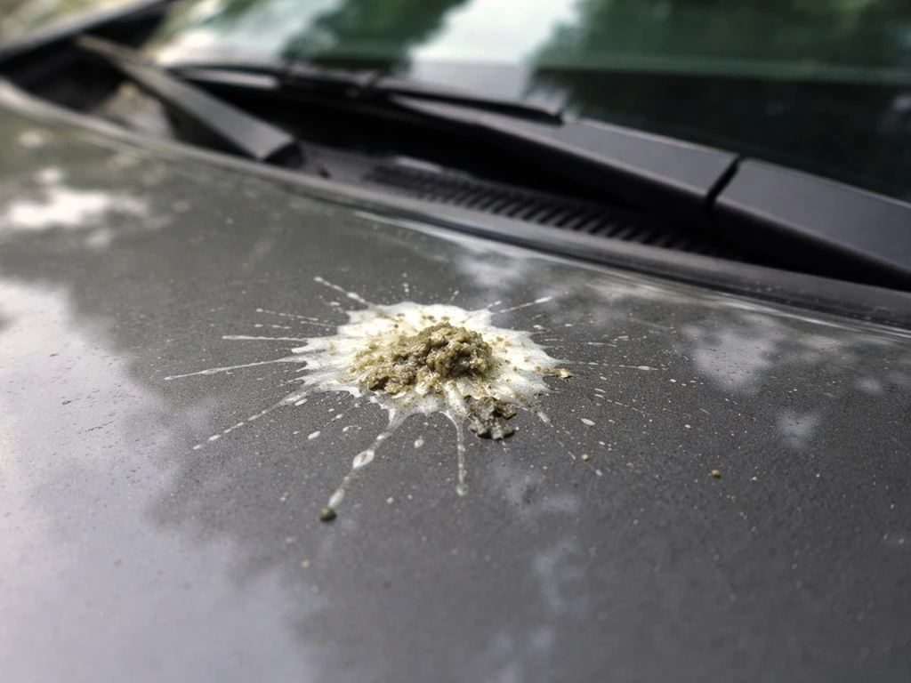 Fresh bird droppings on a car windshield/paint surface, highlighting the cleanup problem.