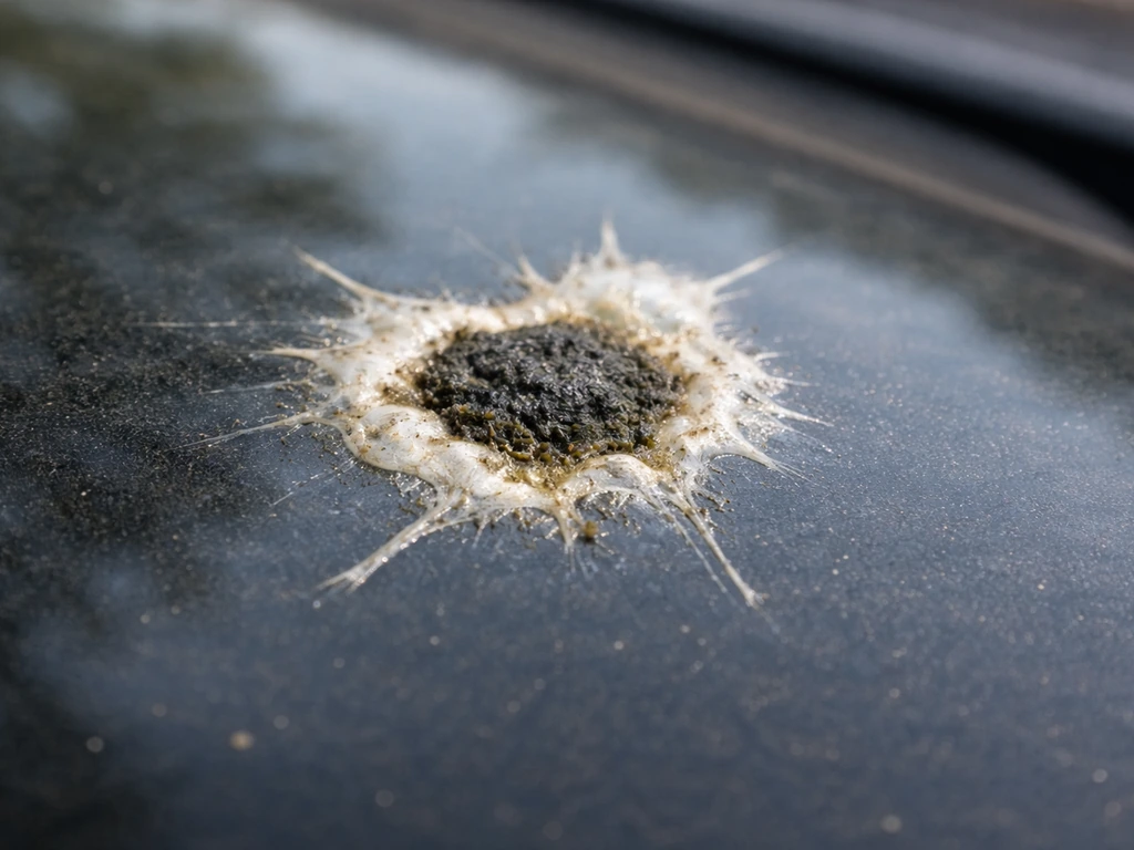 Macro close-up of bird droppings on a windshield: dark center with light cream paste around it.