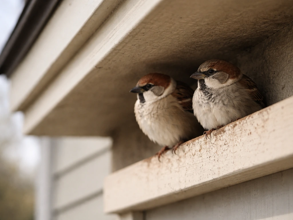 Two small wild birds perched under a building overhang on a ledge, minimal natural setting.