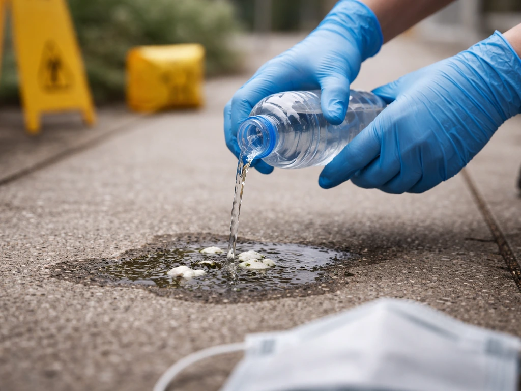 Gloved hands wearing a mask wetting bird droppings on a walkway with caution framing