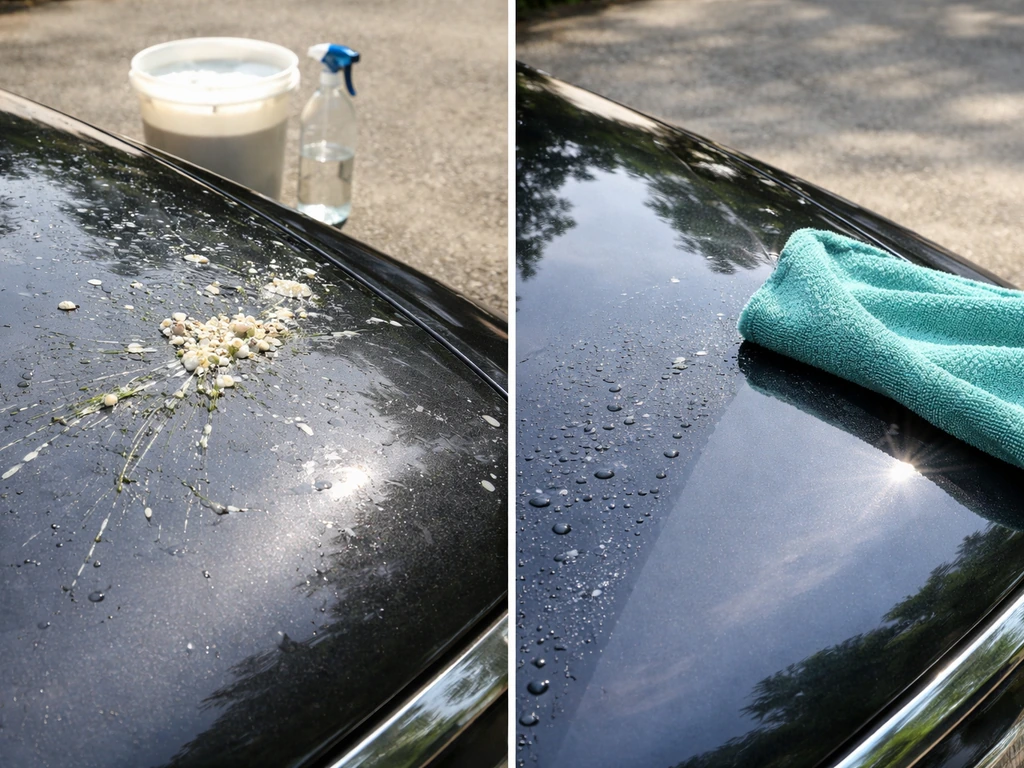 Car hood split view showing droppings before and a wet-cleaned, residue-free surface after.
