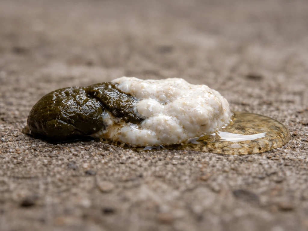 Close-up of a bird dropping with dark fecal part and chalky white urate portion, with slight liquid sheen.